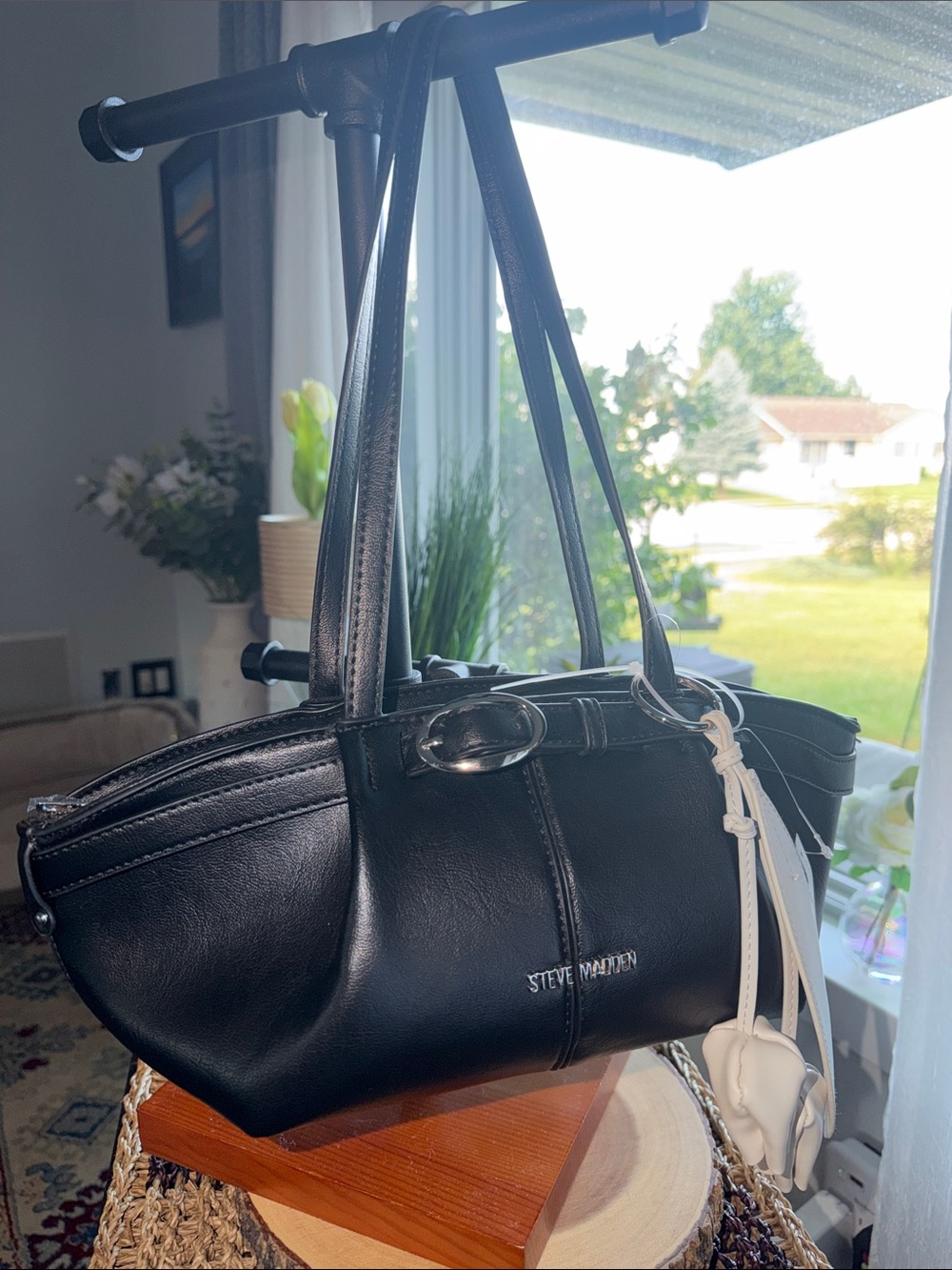 Classic Black Leather Tote with White Charm